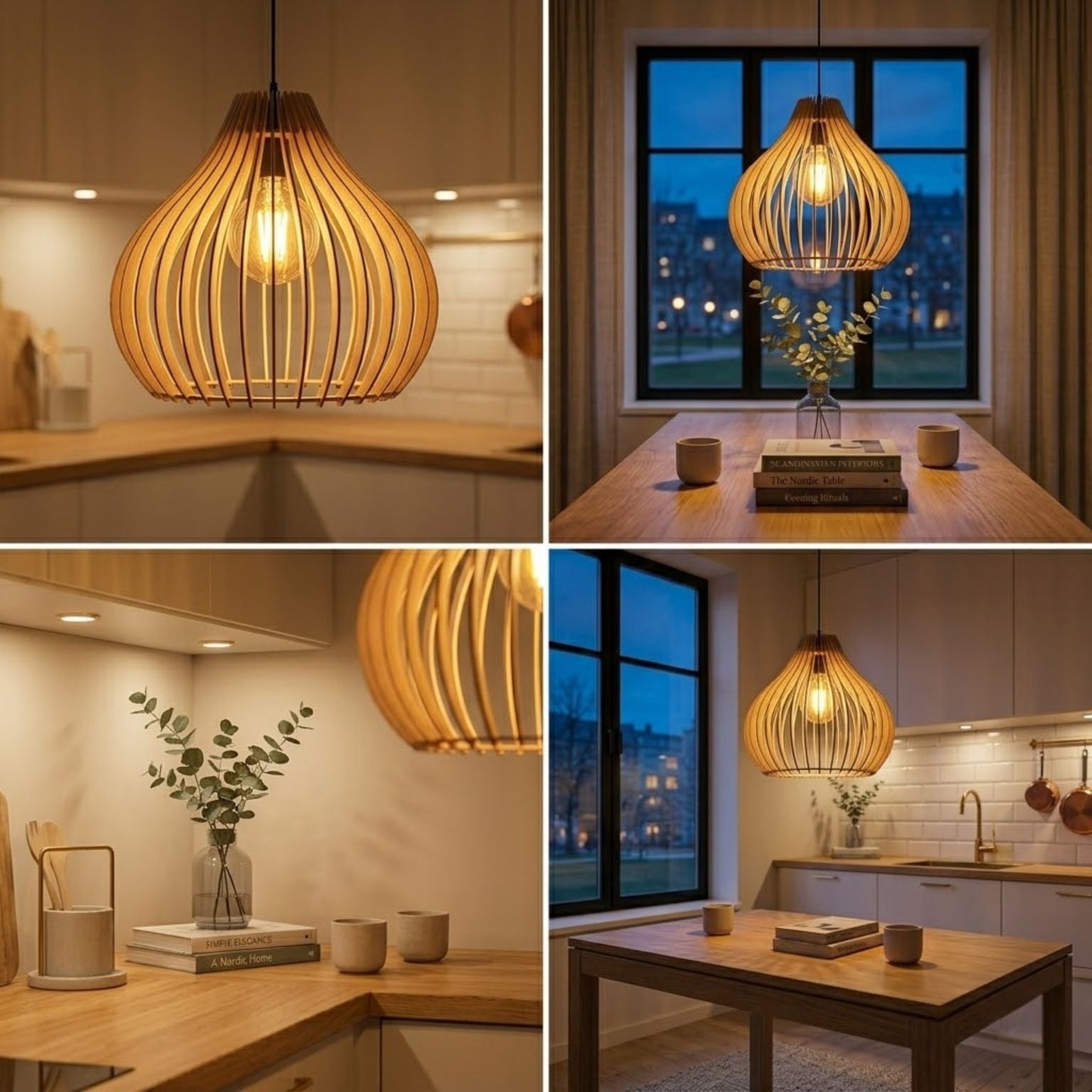 Elegante Deckenlampe aus Naturholz – Skulpturales Tropfenförmiges Design