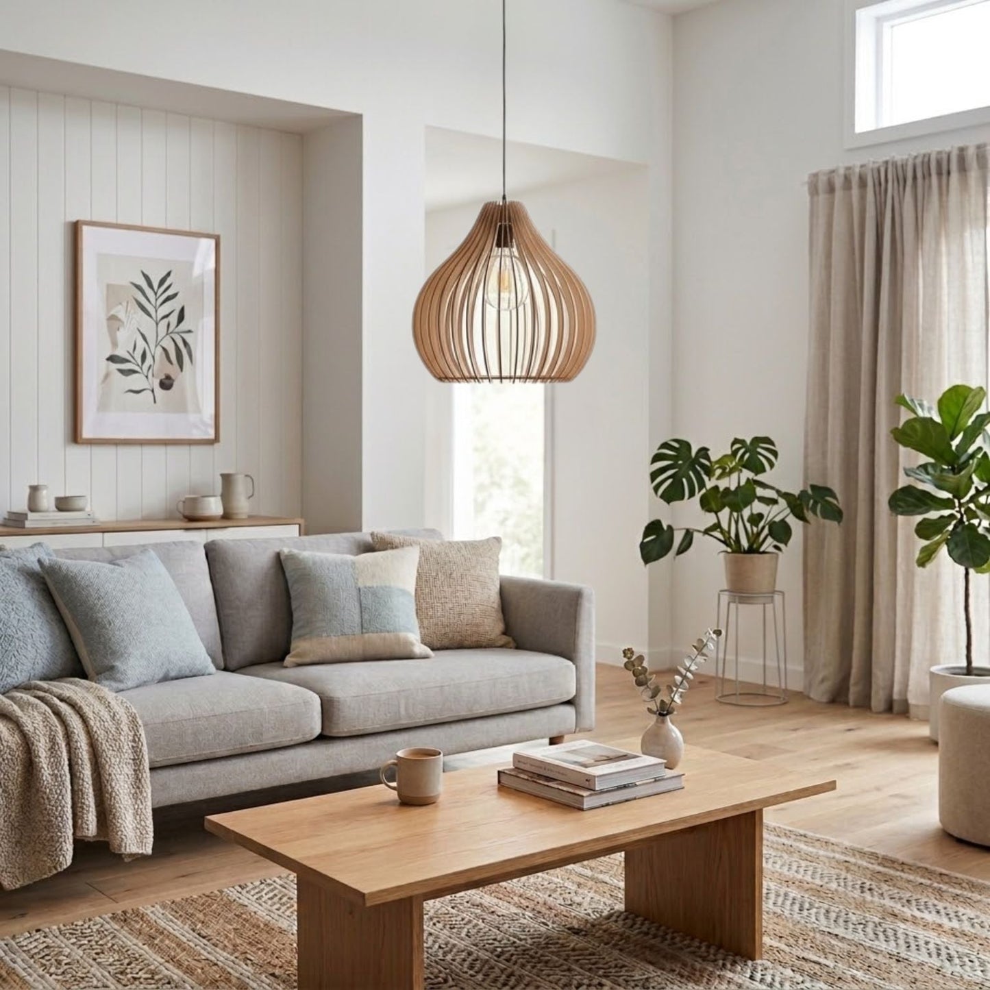 Elegante Deckenlampe aus Naturholz – Skulpturales Tropfenförmiges Design
