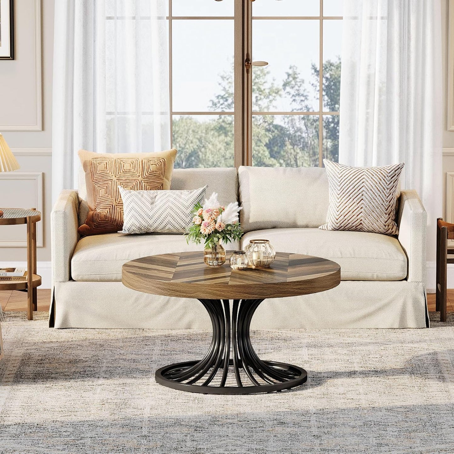 Stilvoller Runder Couchtisch – Spiralformiges Stahlgestell – Ø80 cm
