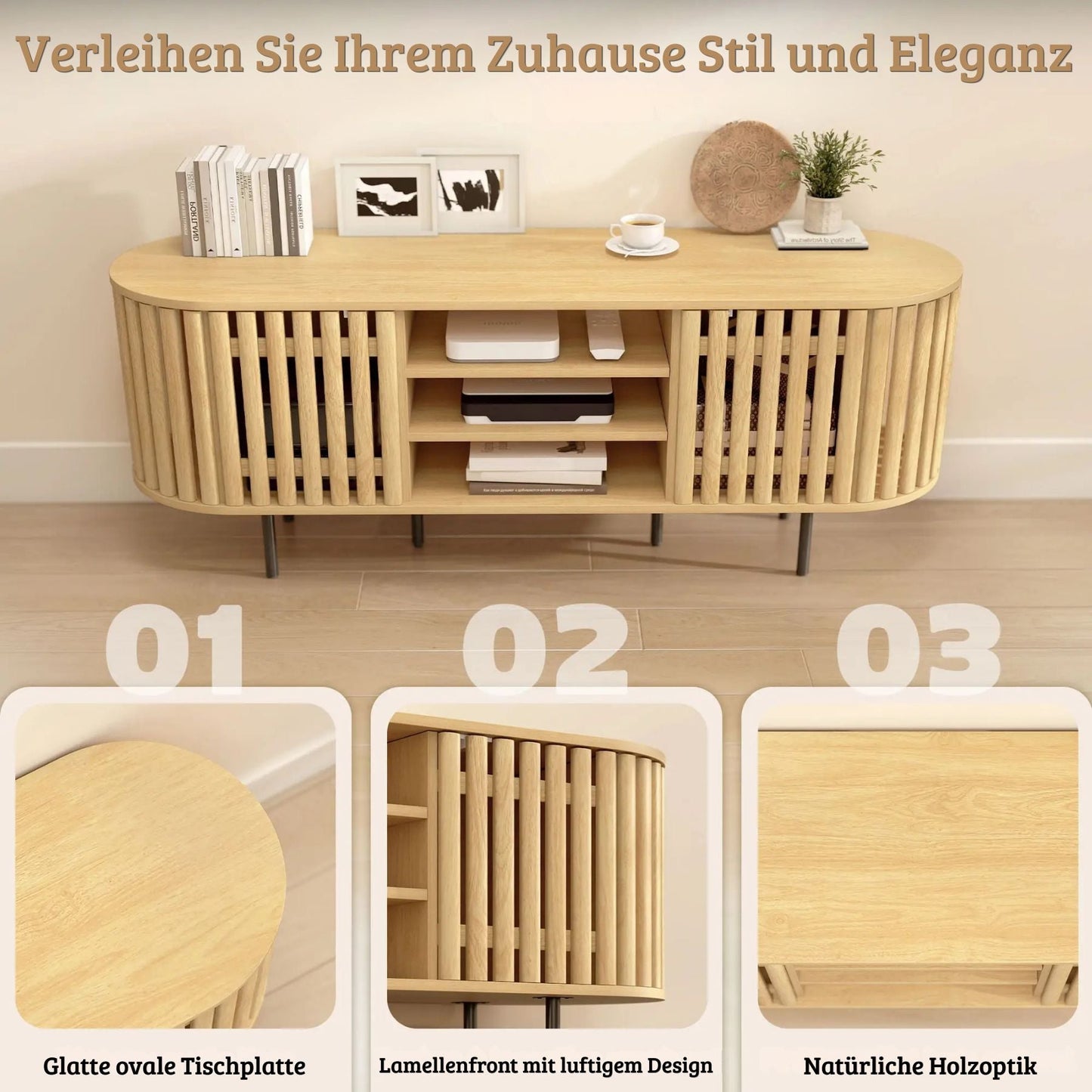 Stilvolles TV-Lowboard im skandinavischen Design mit Lamellentüren – 140 cm